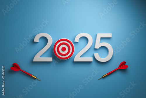 Concept goal 2025. 3D volumetric 2025 with a target and a dart on a blue background top view. 3d rendering.