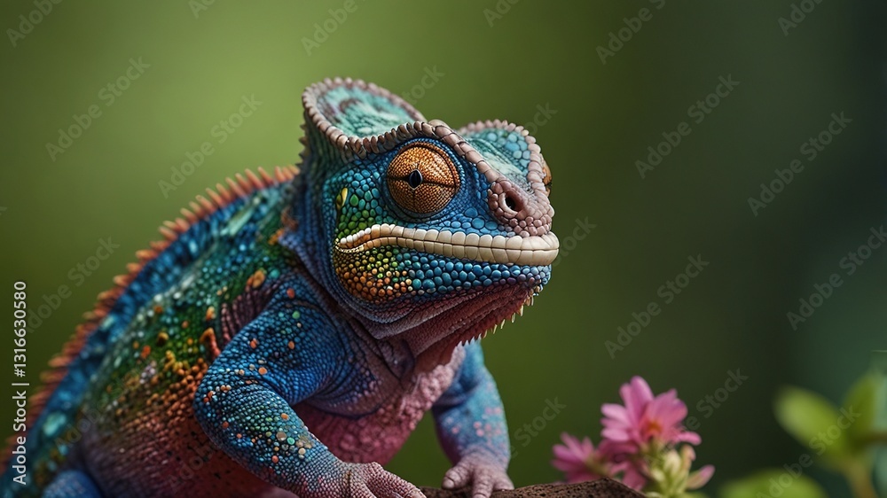 Obraz premium A Vibrant Chameleon, A Jewel Of The Rainforest, Basks In The Dappled Sunlight, Showcasing Its Iridescent Scales Against A Soft Green Backdrop