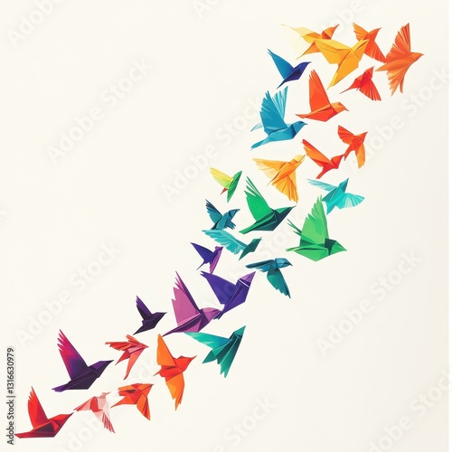 A flock of origami birds in various vibrant colors takes flight