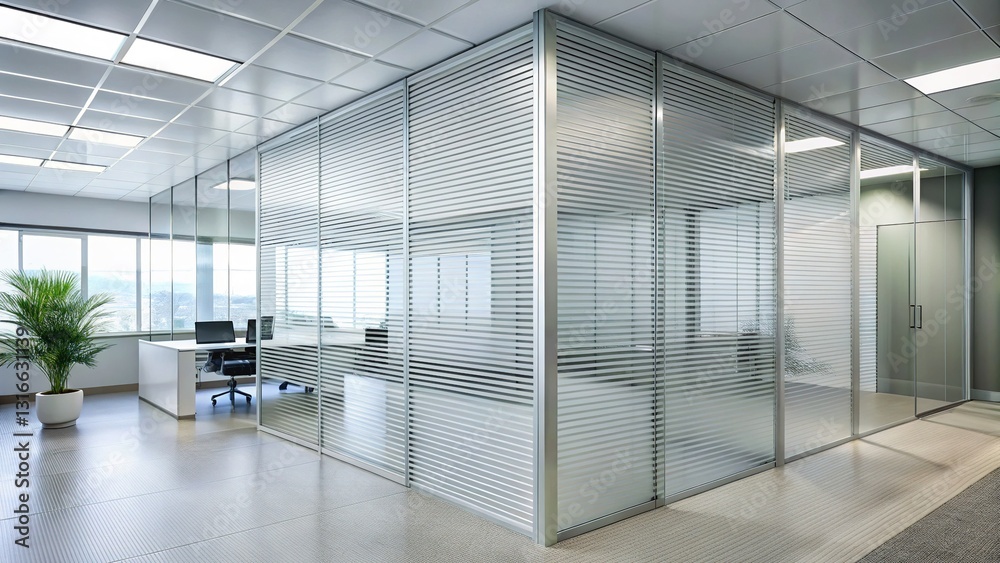 Fototapeta premium Modern Office Interior with Striped Frosted Glass Partition - Bright Workspace