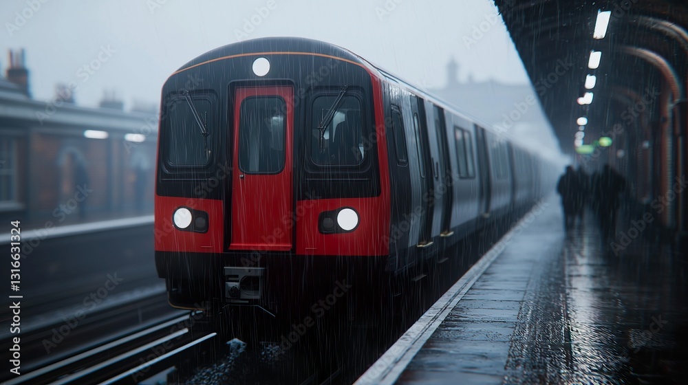 Fototapeta premium Rainy Day Urban Train Scene at Station with Passengers and Wet Platform in Moody Atmosphere