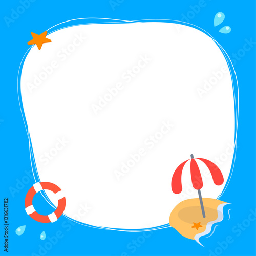 Green sea beach on a midsummer day, parasols and water play background on sandy beach, notepad illustration design. Vector illustration.