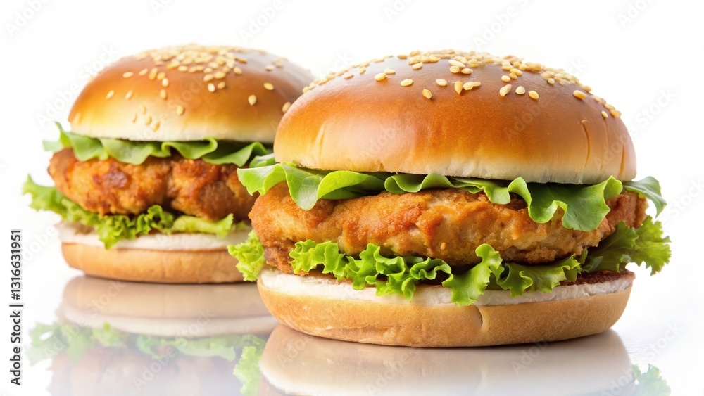 Two juicy chicken burgers with crispy golden brown buns on a clean white background , buns, crispy,  buns