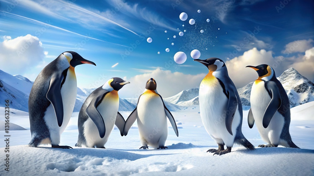 Fototapeta premium Playful Penguins Rolling Snowballs in Snowy Antarctic Landscape