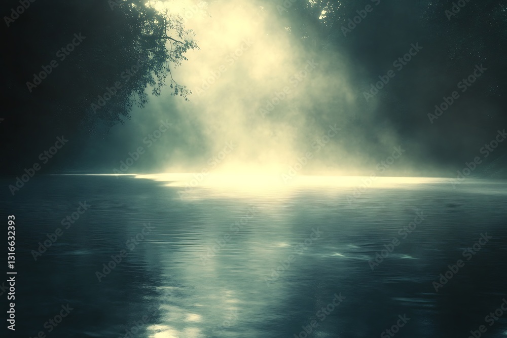 Peaceful Misty River Scene with Beams of Light and Reflective Water Peaceful Misty River Scene with Beams of Light and Reflective Water