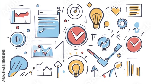 Business and marketingthemed handdrawn illustration, featuring various doodles of target goals, branding, investment, and collaboration on a clean white background