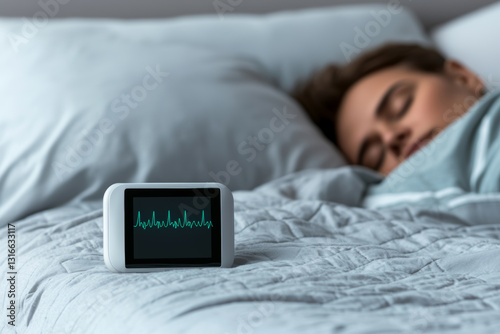 Monitoring device on bed shows sleeping man vital signs, serene