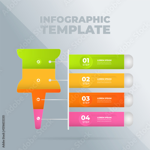 Colorful pin infographic template; four steps; grey background; process guide