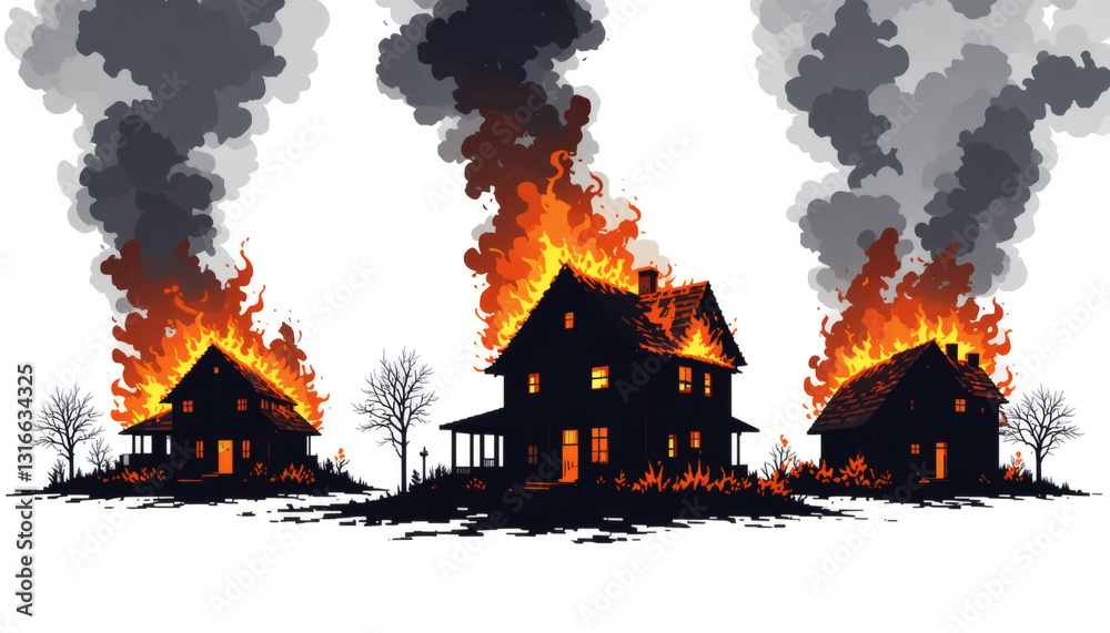 Isolated 8-Bit Pixel Burning House Silhouette with Fire – Three Angles on White Background Isolated 8-Bit Pixel Burning House Silhouette with Fire – Three Angles on White Background