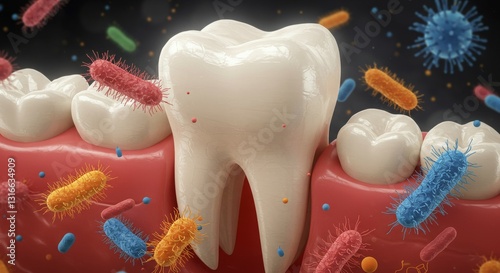 A tooth surrounded by various bacteria, illustrating oral health and dental hygiene.