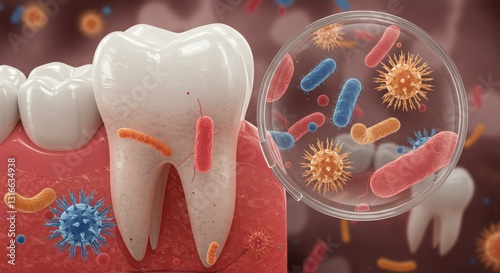 Illustration of a tooth with bacteria and a petri dish showing microorganisms.