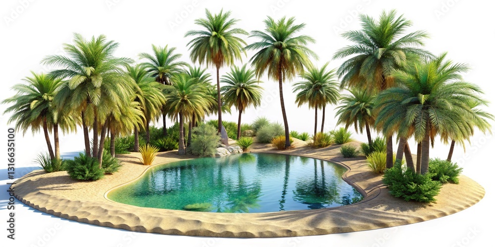 Fototapeta premium Serene Desert Oasis: Crystal Clear Pool & Lush Palm Trees - Stock Photo