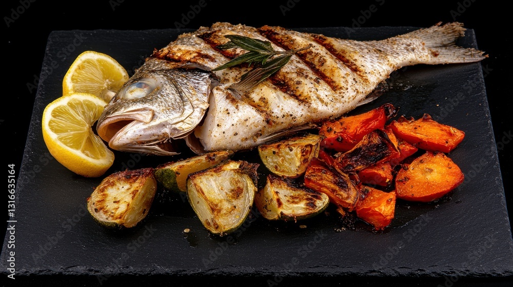 Roasted Fish with Vegetables and Lemon Wedge on Slate