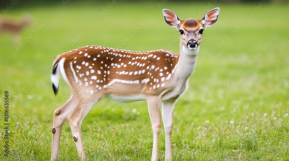 Deer Standing in a Green Meadow, Highlighting Wildlife Conservation Efforts and the Beauty of Natural Reserves. A Symbol of Nature's Harmony and Preservation. Deer Standing in a Green Meadow, Highlighting Wildlife Conservation Efforts and the Beauty of Natural Reserves. A Symbol of Nature's Harmony and Preservation.