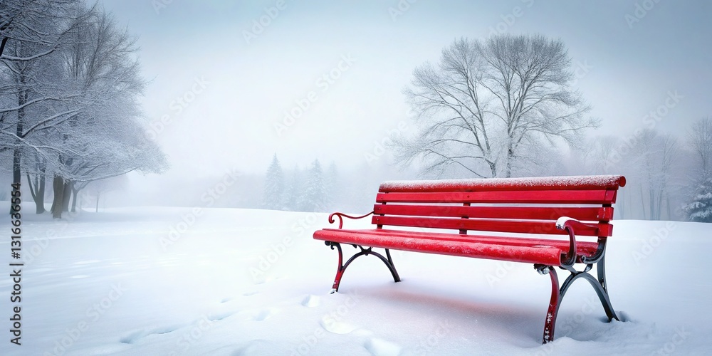 Obraz premium Serene Winter Solitude: Snowy Park Bench in Misty Winter Day