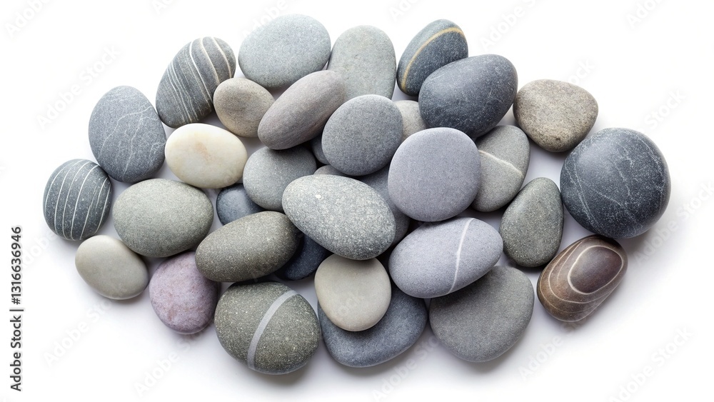 Smooth Gray Sea Pebbles, White Background, Flat Lay Stock Photo - Natural Texture Smooth Gray Sea Pebbles, White Background, Flat Lay Stock Photo - Natural Texture