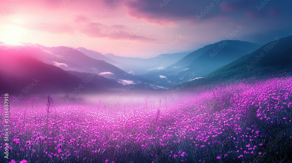 Obraz premium Dreamy Valley Landscape Featuring Glowing Pink Flowers Spreading Across the Field, Surrounded by Misty Mountains and Illuminated with Soft Atmospheric Light, Isolated on Transparent Background.