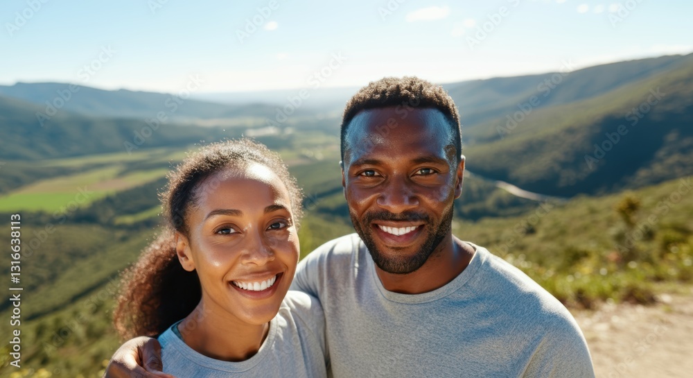 Smiling african young couple enjoying scenic mountain view Smiling african young couple enjoying scenic mountain view