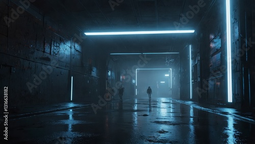 Sci-fi city atmosphere, with a glowing white and blue neon rectangle suspended in a foggy tunnel