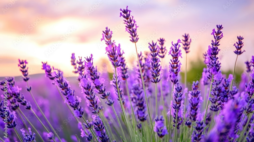 Fototapeta premium Beautiful Lavender Fields Under Sunset Sky with Vibrant Colors