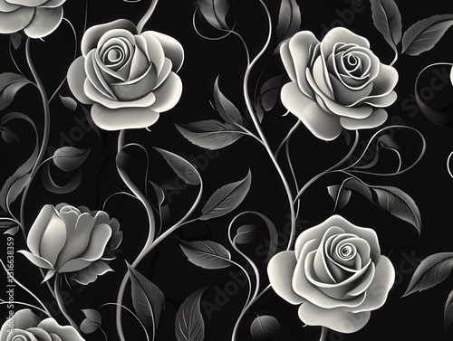 A romantic rose floral pattern with intertwined stems and leaves, classic and timeless