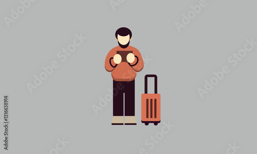 A solo traveler stands at the airport, waiting a flght, holding a suitcase and watching something on the phone