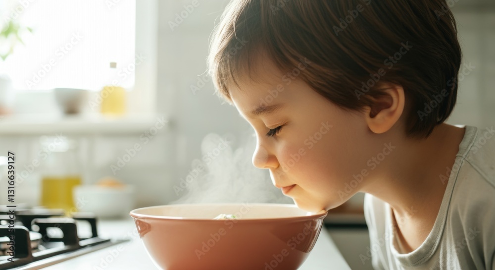Young caucasian child enjoying warm soup in kitchen Young caucasian child enjoying warm soup in kitchen
