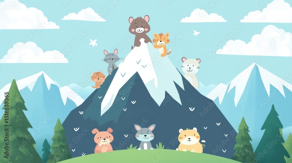 Fototapeta premium Cute cartoon animals exploring mountains and enjoying nature scenery together