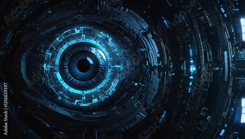Sci-fi inspired digital eye, with intense blue illumination, futuristic textures, and an abstract tech-inspired backdrop