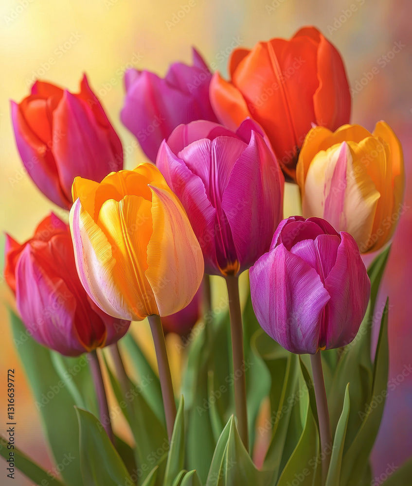 vibrant bouquet of multicolored tulips in shades of red, pink, purple, orange, and yellow. The flowers have delicate petals and lush green stems, set against a soft, warm-toned blurred background vibrant bouquet of multicolored tulips in shades of red, pink, purple, orange, and yellow. The flowers have delicate petals and lush green stems, set against a soft, warm-toned blurred background