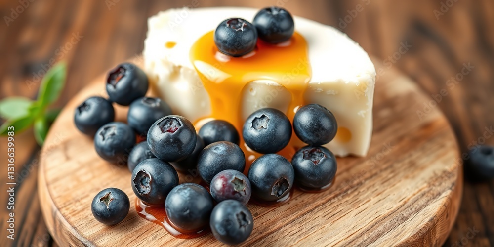 Creamy Cheese with Honey and Blueberries on Rustic Wood