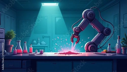 Advanced science lab with robotic arm conducting experiments on mysterious specimen