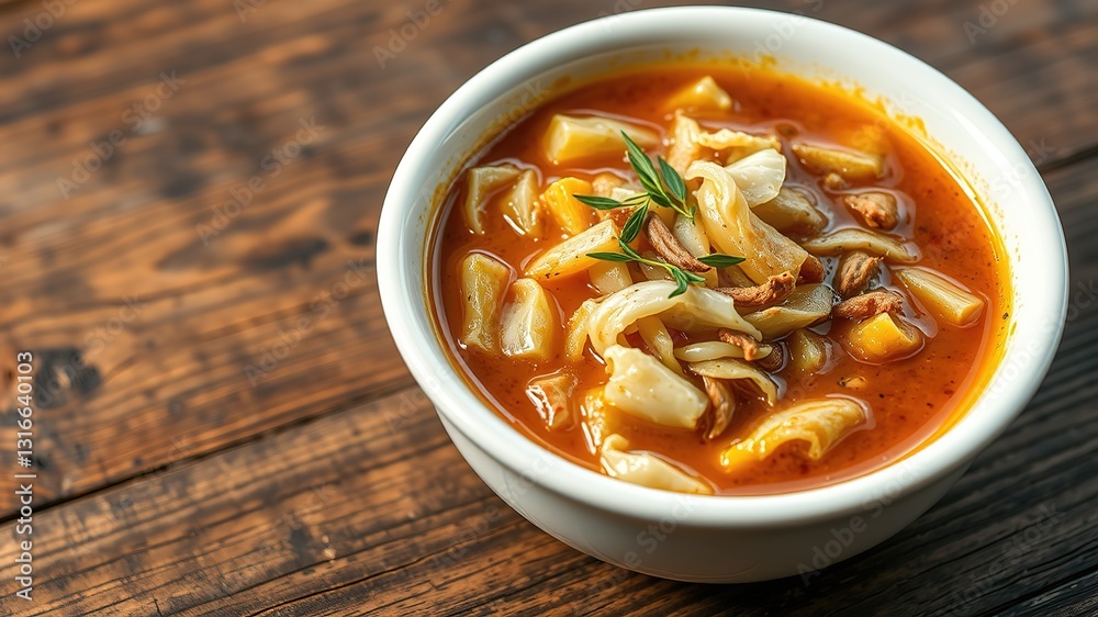 Creamy Shchi Cabbage Soup in White Bowl with Caraway Seeds Creamy Shchi Cabbage Soup in White Bowl with Caraway Seeds