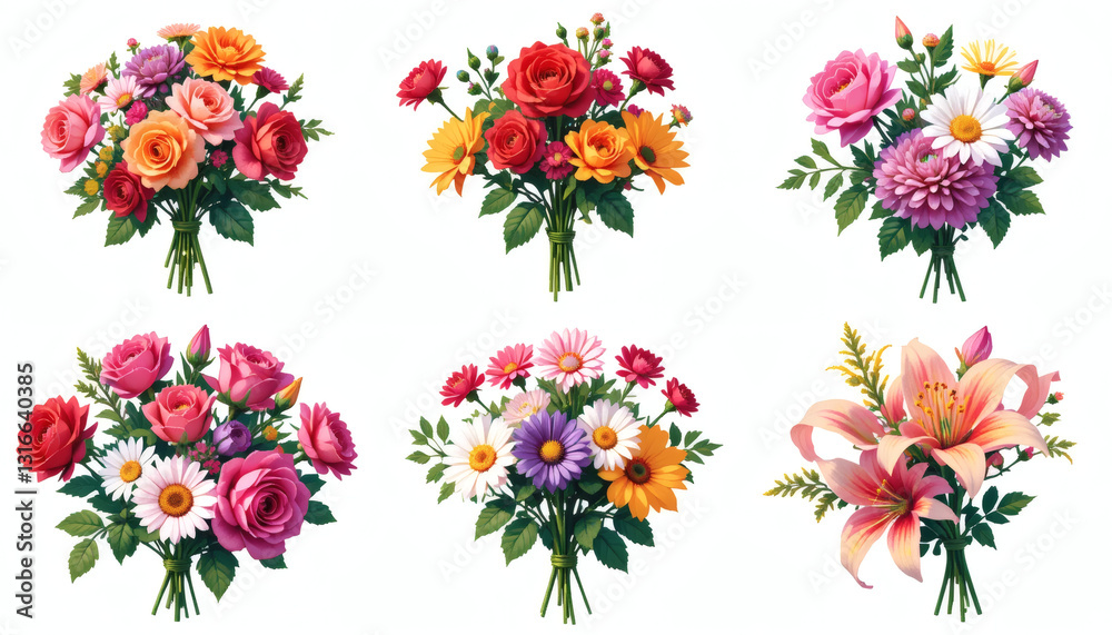 Isolated 8-bit bouquet of roses, daisies, and lilies in a vibrant pixelated explosion of colors, shown from multiple perspectives on a white background. Isolated 8-bit bouquet of roses, daisies, and lilies in a vibrant pixelated explosion of colors, shown from multiple perspectives on a white background.