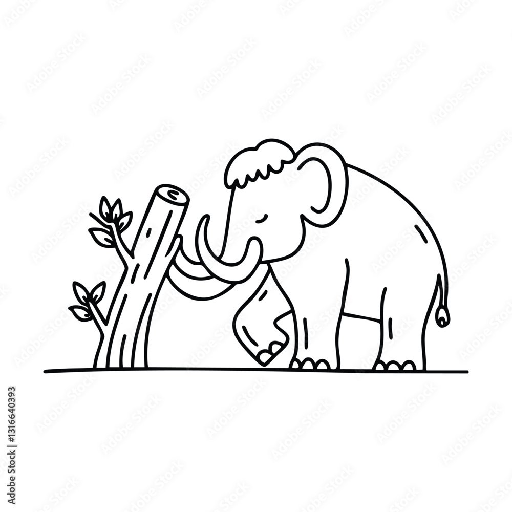 Fototapeta premium Mammoth pushing against a fallen tree with its massive head