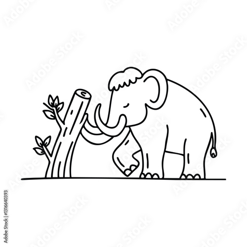 Mammoth pushing against a fallen tree with its massive head