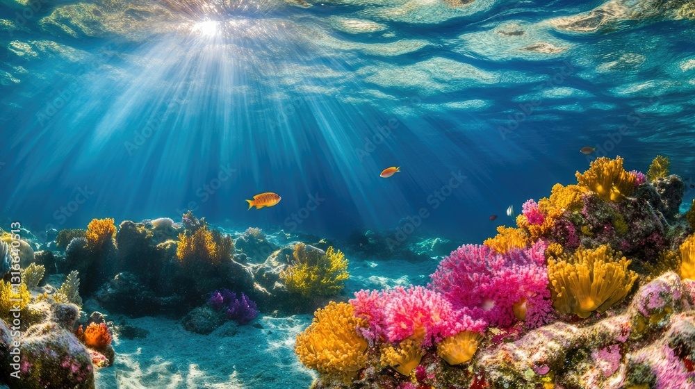 Fototapeta premium Vibrant Underwater Coral Reef with Rays of Sunlight Penetrating Water