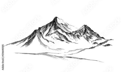 Mountains landscape. Hand drawing sketch in pencil. Mountain rocky peaks in a graphic style. black and white monochrome illustration on a white background.