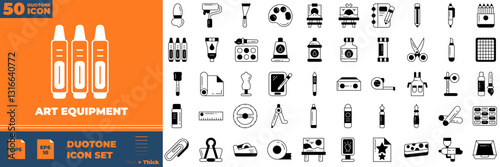 Art Equipment icon set. Containing paint tubes, brushes, pencils, watercolor,and more. Duotone vector icons collection.