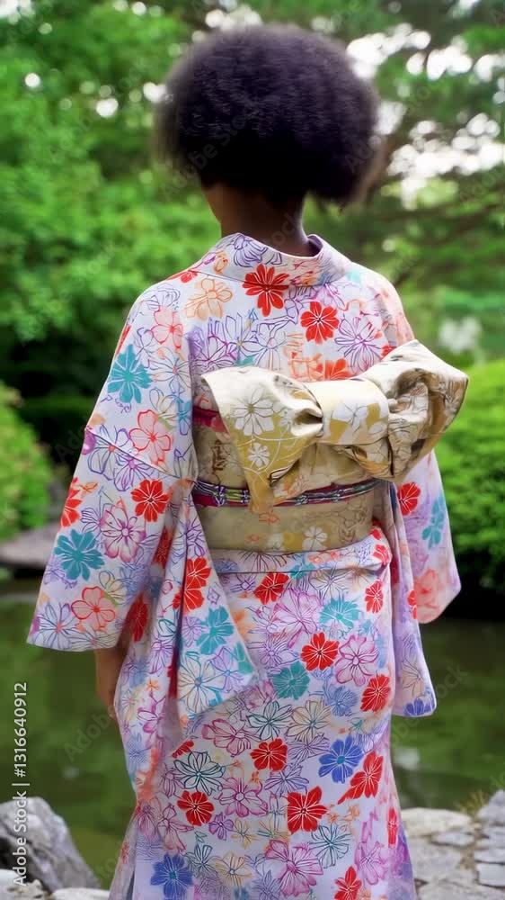 Young Black Woman in Kimono Enjoying a Serene Moment in a Traditional Japanese Garden Young Black Woman in Kimono Enjoying a Serene Moment in a Traditional Japanese Garden