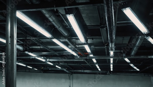 Shiny new ventilation pipe running across an industrial ceiling