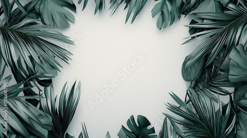 Dark Green Tropical Leaves Frame on White Background
