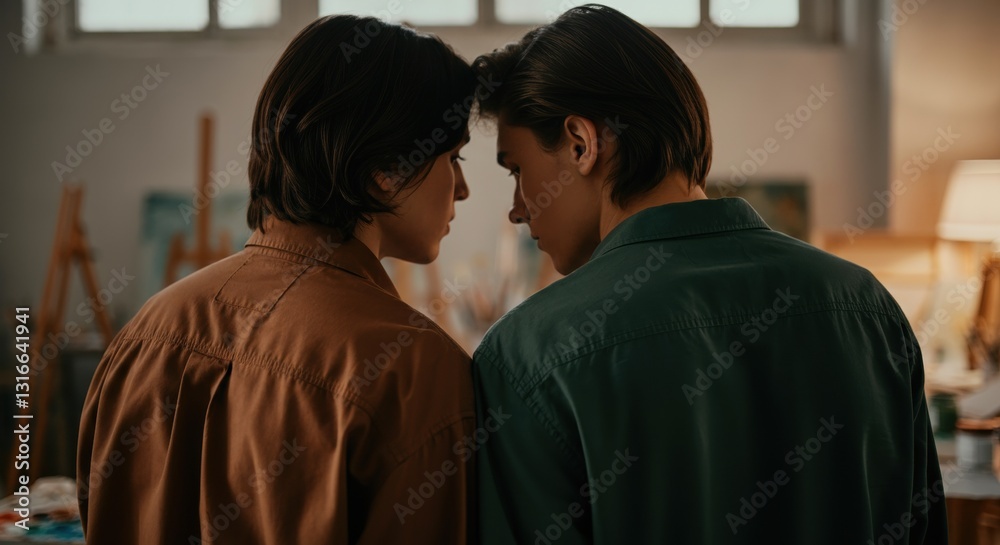 Intimate moment between two young caucasian males in art studio Intimate moment between two young caucasian males in art studio