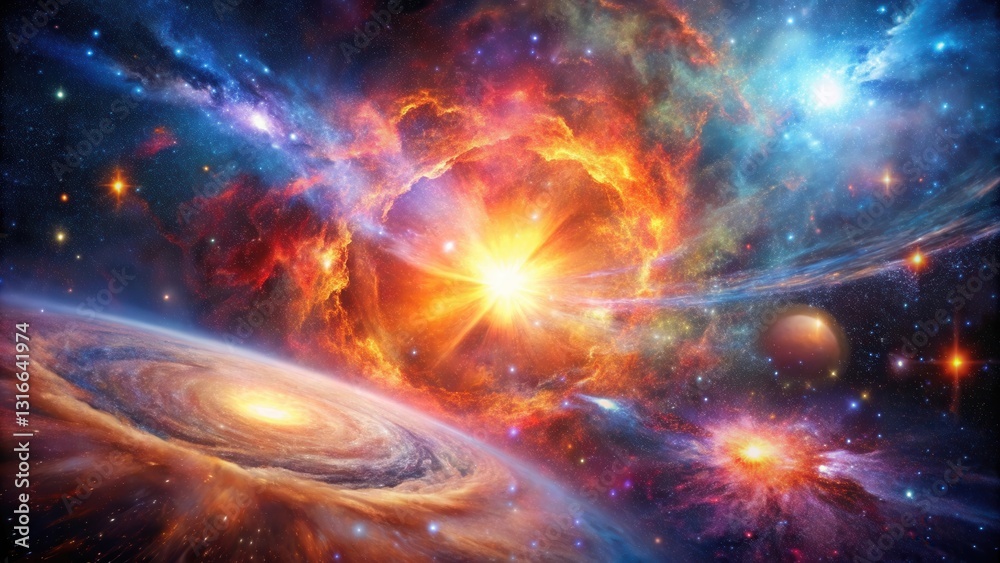 A Celestial Explosion Illuminates a Spiral Galaxy Amidst a Vivid Nebula and Distant Stars A Celestial Explosion Illuminates a Spiral Galaxy Amidst a Vivid Nebula and Distant Stars