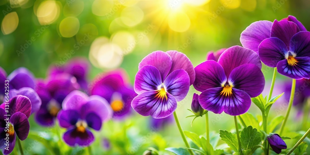 Vibrant purple pansies burst from lush greenery, blurred background enhancing their beauty.