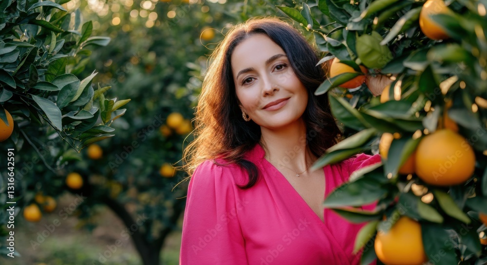 Hispanic woman in pink dress smiling in orange orchard Hispanic woman in pink dress smiling in orange orchard