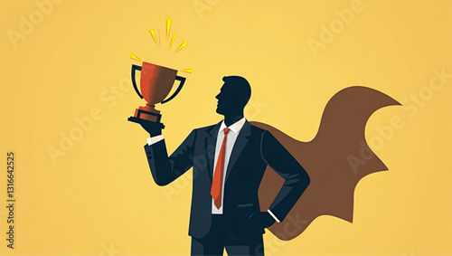 Businessman with Superhero Shadow Holding Trophy in Victory Pose