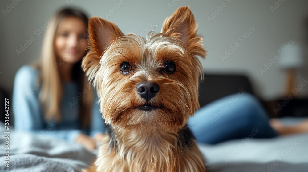 Yorkshire terrier sitting on a bed, with its owner in the background.