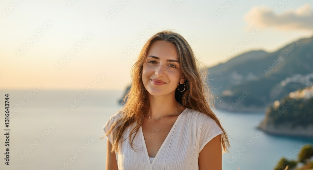 Young caucasian female smiling by the ocean at sunset with mountain view Young caucasian female smiling by the ocean at sunset with mountain view
