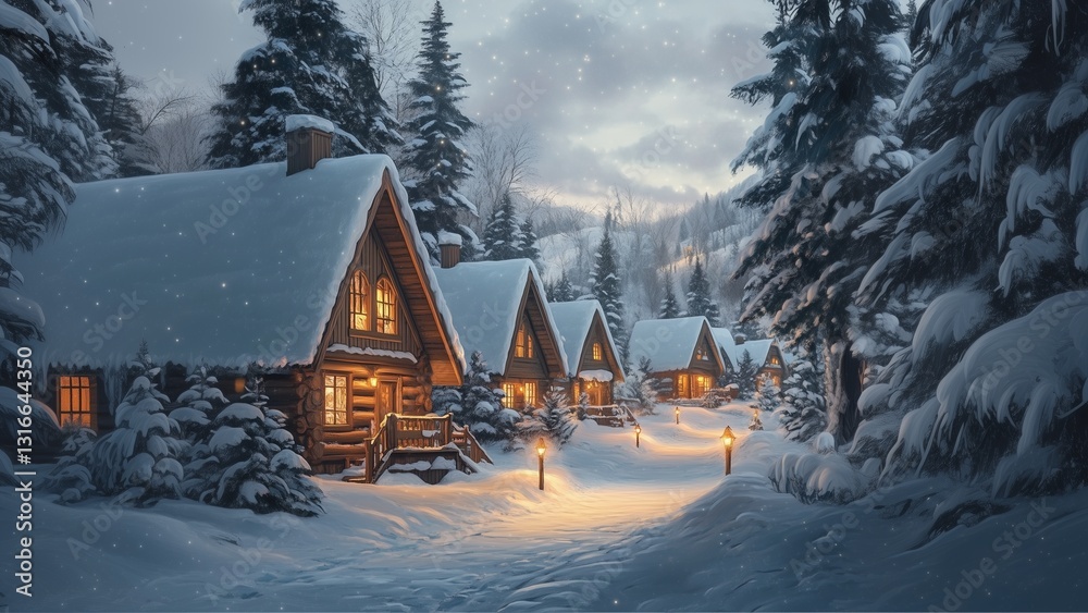 Naklejka premium Cozy mountain cabin glows under snowy twilight capturing cabin serenity, cabin atmosphere evokes warm holiday vibes and nostalgic flair for stock creators seeking scenic winter storytelling magic.